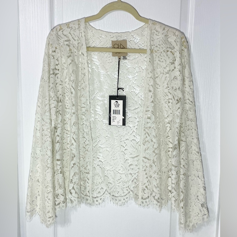 Chaser Lace Bell Sleeve Scalloped Hem Open Front Topper Cardigan Jacket Ivory L